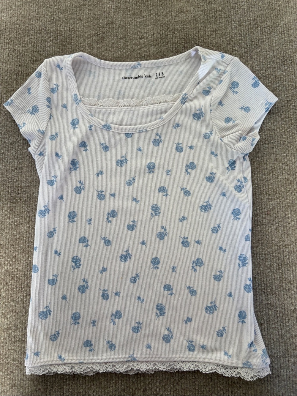 2 Abercrombie kids light blue floral ribbed tee with lace trim
